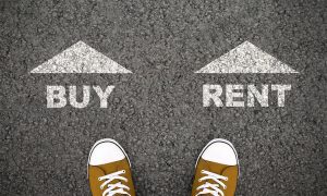 A person's feet on pavement between arrows labeled Buy and Rent