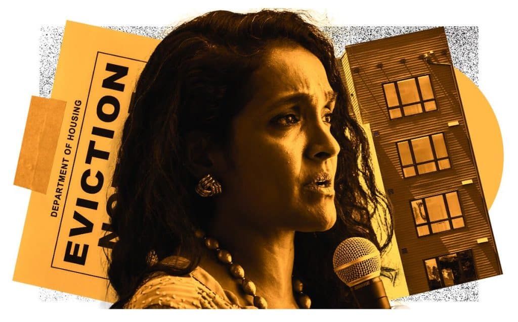 Editorial collage of a woman speaking, an eviction notice, and an apartment building