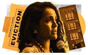Editorial collage of a woman speaking, an eviction notice, and an apartment building