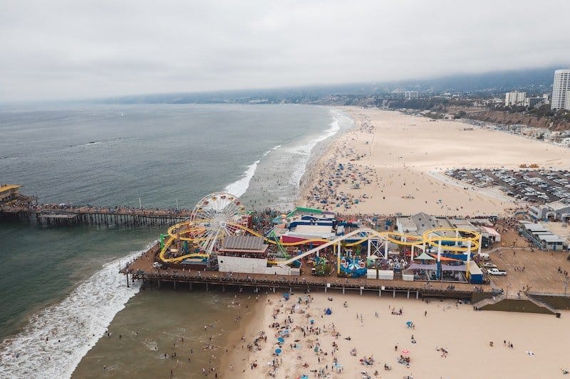 Aerial view of the Santa Monica Pier and beach