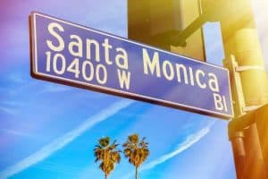 A Santa Monica Boulevard street sign with palm trees