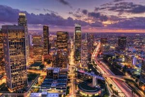 Aerial night view of the downtown Los Angeles skyline
