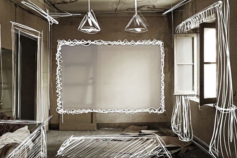 An empty room with a sketched outline overlay, illustrating renovation