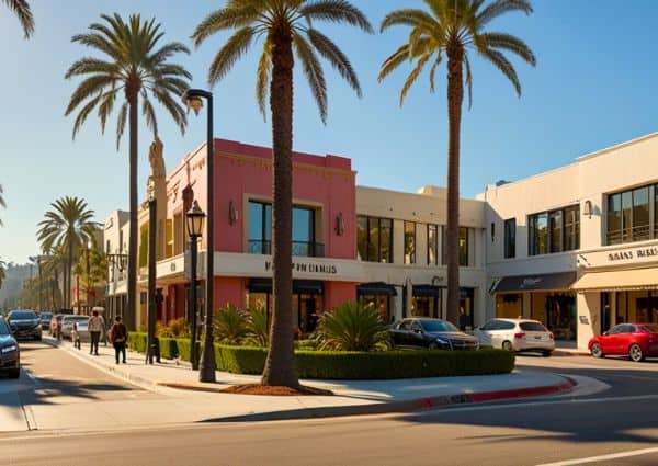 A Beverly Hills street corner with palm trees and upscale storefronts