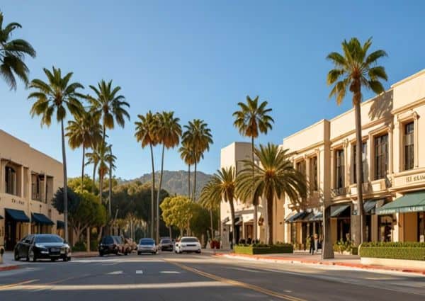 A Beverly Hills shopping street lined with palm trees and upscale storefronts