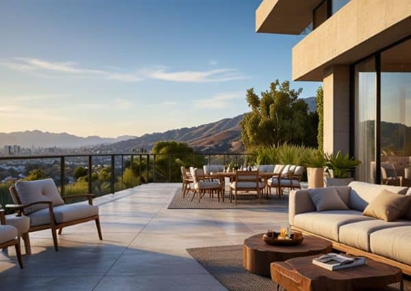 A modern home terrace with lounge seating overlooking the hills at dusk
