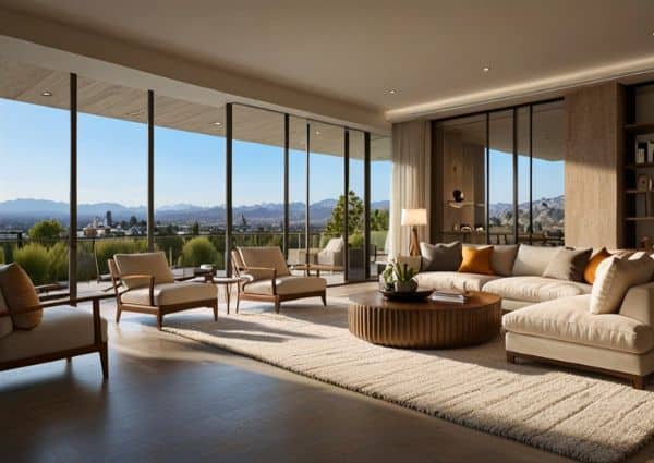 A modern luxury living room with floor-to-ceiling windows and a city view
