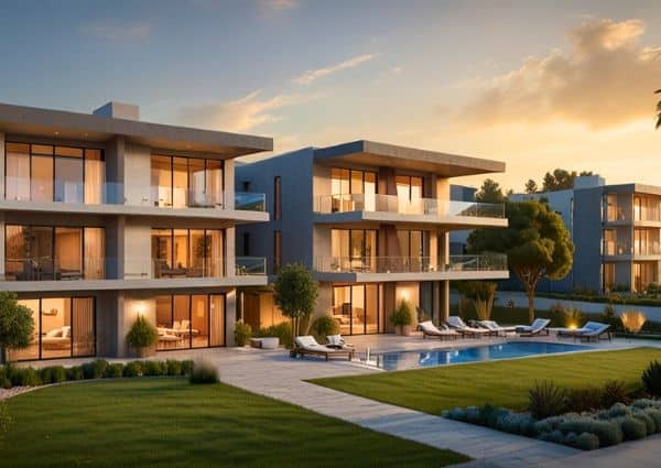 A modern multi-unit apartment building with a pool at dusk