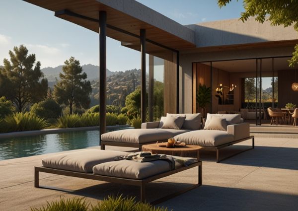 A modern luxury home terrace with lounge seating and a pool on a hillside