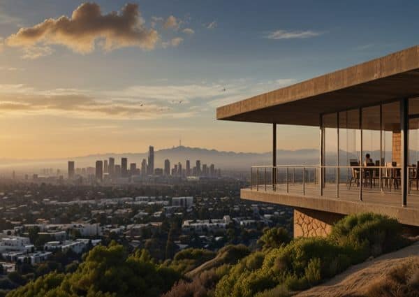 A modern glass terrace overlooking the downtown Los Angeles skyline at dusk