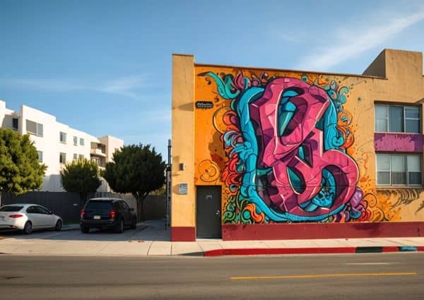 A street with a colorful graffiti mural on a building wall