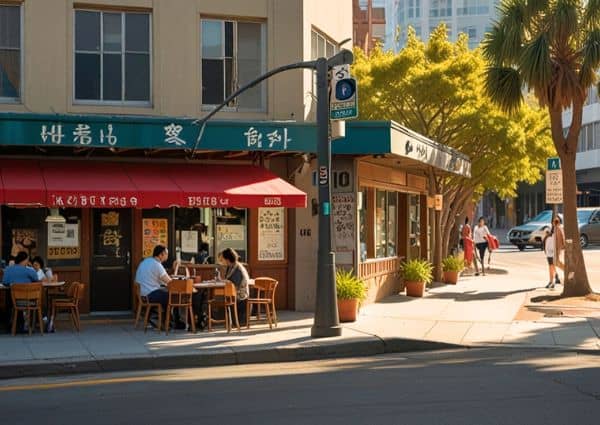 A Koreatown sidewalk restaurant with outdoor seating and Korean signage