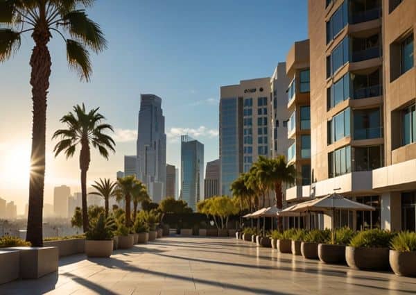 A modern multifamily apartment building in Los Angeles with palm trees and the downtown skyline