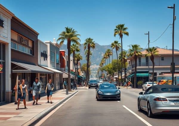 A Malibu shopping street with palm trees, shops, and pedestrians