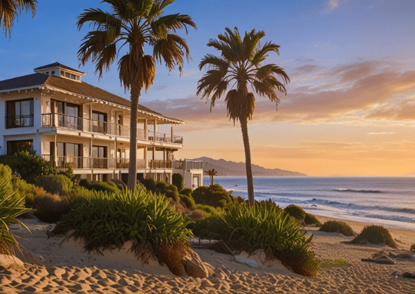 A beachfront apartment building with palm trees at sunset