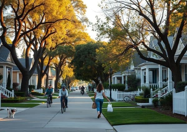 A leafy residential street with people walking and white picket fences