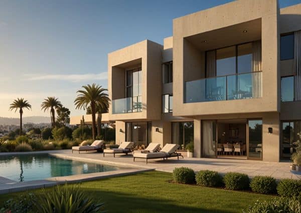 A modern luxury home exterior with a pool and palm trees at dusk