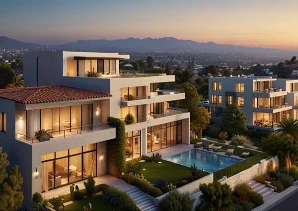 Modern luxury homes on a hillside overlooking the city at dusk