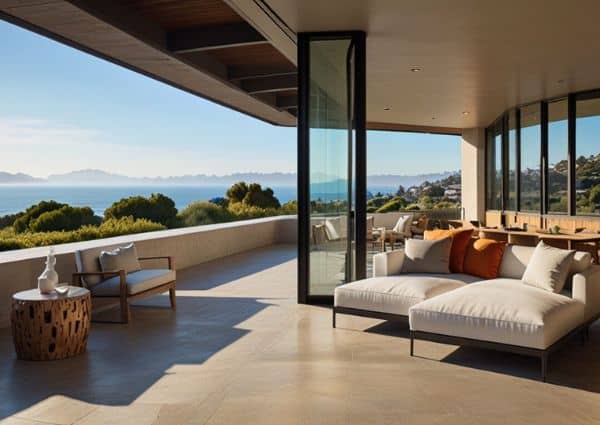 A modern home terrace with lounge seating overlooking the ocean