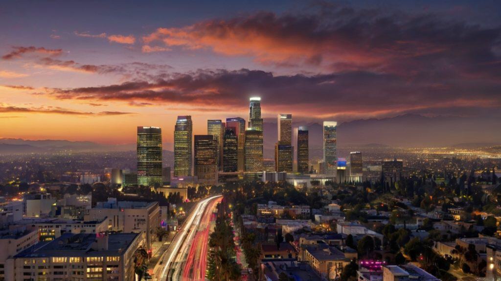 The downtown Los Angeles skyline at dusk