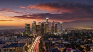 The downtown Los Angeles skyline at dusk
